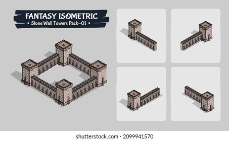 Stone Wall Towers Fantasy game assets - Isometric Vector Illustration