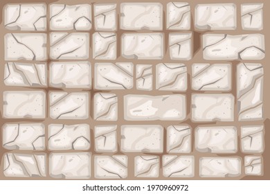 Stone wall vector background, old cracked rock texture, brick clay surface or sidewalk illustration. Abstract nature material, road cartoon interior ground pattern. Stone wall, ancient broken boulders