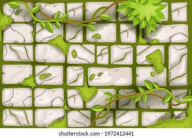 Stone wall vector cracked rock texture, old ancient tile background, moss, vine, green leaf. Brick brown road, granite floor surface, liana, pavement outdoor illustration. Abandoned castle stone wall