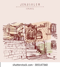 Stone walls in Jerusalem old city, Israel. Vector illustration. Old buildings, stairs, windows, balcony. Travel postcard template with 