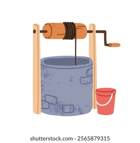 Stone water well with bucket, crank with rope. Old traditional country rural construction, countryside structure. Agriculture farm equipment. Flat vector illustration isolated on white background