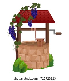 Stone water well Vector illustrations. Grapes decor on the wooden roof