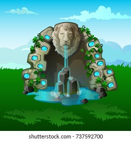 Stone waterfall with decoration in the form of the head of a lion in a field on blue sky background. Decor element for landscape design. Vector cartoon close-up illustration.