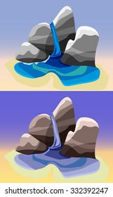 Stone and waterfall, rock element decor game art architecture design