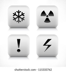 Stone web 2.0 button with extreme cold, radiation, exclamation mark, high voltage sign. White rounded square shape with black shadow and gray reflection on white background. Vector illustration 8 eps