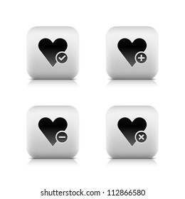 Stone web 2.0 button favorite heart icon and check mark, plus, minus, delete sign. Satined rounded square shape with black shadow and gray reflection on white background. 8 eps vector illustration