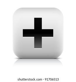 Stone web 2.0 button share symbol add sign. White rounded square shape with black shadow and gray reflection on white background. This vector illustration created and saved in 8 eps