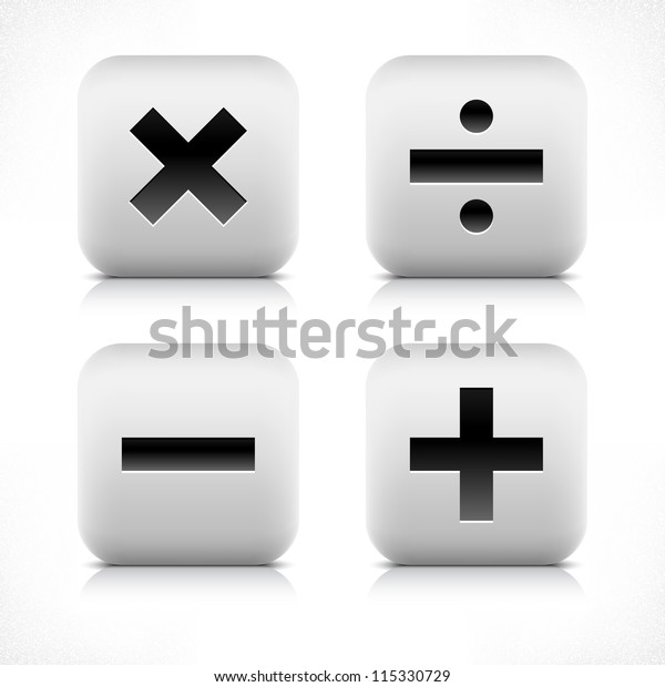 Stone web button calculator icon. Division, minus,\
plus, multiplication sign. White rounded square shape with black\
shadow and gray reflection on white background. Vector illustration\
saved in 8 eps