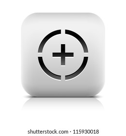 Stone web button plus sign in circle symbol. White rounded square shape icon with black shadow and gray reflection on white background. Vector illustration in wire mesh technique and saved in 8 eps