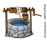 The stone well with a bucket and drinking water isolated on a white background. Cartoon vector close-up illustration.