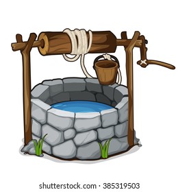 The stone well with a bucket and drinking water isolated on a white background. Cartoon vector close-up illustration.