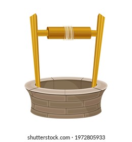 Stone Well as Structure in the Ground for Accessing Water with Rope for Pulling Bucket Vector Illustration