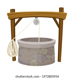 Stone Well as Structure in the Ground for Accessing Water with Rope for Pulling Bucket Vector Illustration
