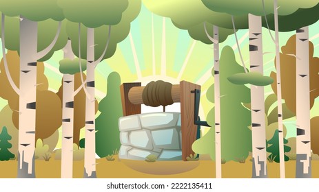 Stone well with wooden crossbar and rope for bucket. Autumn landscape with birch grove and forest. Rural water source. Cartoon fun style. Flat design. Vector.