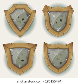 Stone And Wood Shield Security Icons/ Illustration of a set of cartoon design warrior shields and security badges icons, made of stones and wood for ui game