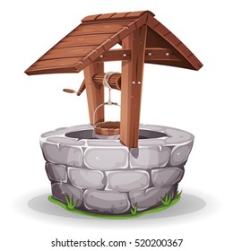 Stone And Wood Water Well/
Illustration of a cartoon stone and wooden water well, with rope and bucket