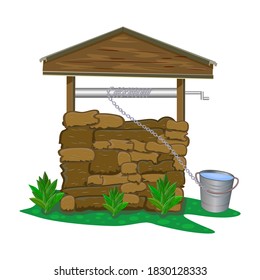 Stone and wood water well isolated on white background. Rustic cartoon well of fresh water with chain and bucket. Natural source of pure water from the bowels of the earth. Stock vector illustration