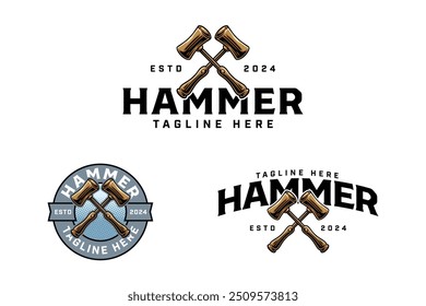 stone wooden hammer logo design for handyman and laborer craftsman professional with crossed mallet hammer sign symbol modern logo. set of mallet hammer tool emblem badge logo illustration