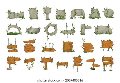 Stone and wooden signs and banners in the green thickets. Illustrations for the game interface.