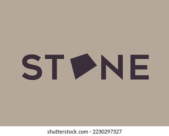 STONE word mark logo. Typographic lettering text. Alphabet initials. Uppercase characters isolated on light brown background. Decorative letters. Abstract geometric shape.