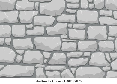 Stone work. Masonry made of old stone. Set of stones of different shapes and colors. Vector, cartoon illustration.  