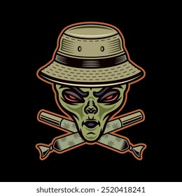 Stoned alien head in bucket hat and two crossed marijuana spliffs vector illustration in colored style on dark background