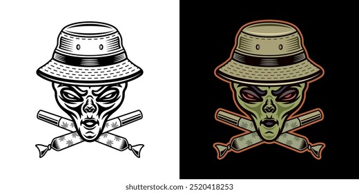 Cabeza alienígena lapidada en sombrero de cubo y dos rayas de marihuana cruzadas Ilustración vectorial en dos estilos negro sobre blanco y de color