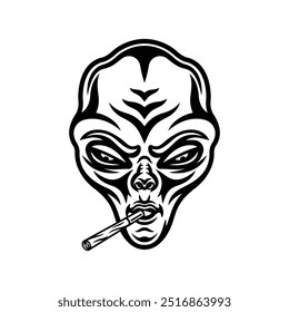 Gesteinigter Alienkopf mit Marihuana-Spliff im Mund, Vektorgrafik im Vintage-Monochrom-Stil, einzeln auf weißem Hintergrund