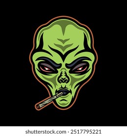 Gesteinigter Alienkopf mit Marihuana-Spliff im Mund, Vektorgrafik im farbigen Stil auf dunklem Hintergrund
