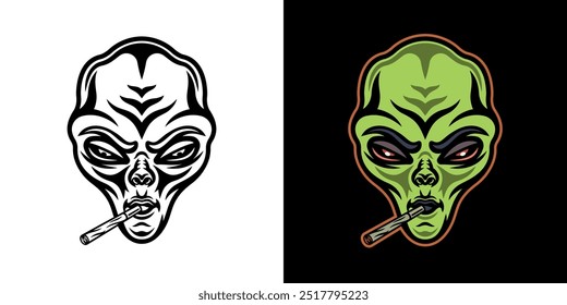Cabeça alienígena lapidada com spliff de maconha na ilustração do vetor da boca em dois estilos, preto no branco e colorido