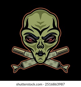 Gesteinigter Alienkopf und zwei gekreuzte Marihuana-Spliffs, Vektorgrafik im farbigen Stil auf dunklem Hintergrund