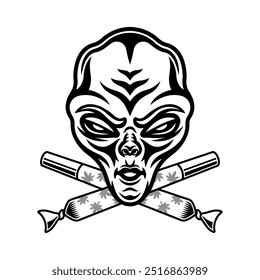 Gesteinigter Alienkopf und zwei gekreuzte Marihuana-Spliffs, Vektorgrafik im Vintage-Monochrom-Stil, einzeln auf weißem Hintergrund