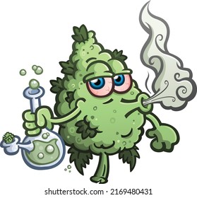 Stoned Marijuana Bud Cartoon Character Smoking A Glass Water Bong