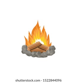 Stoned place for fire with burning firewood and flame cartoon vector illustration isolated on white background. Forest campfire or bonfire with woods icon or emblem.