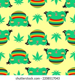 Stoned Rasta Cat Pattern Seamless. Trippy Pet. Background Cat Addict With Red Eyes Texture.