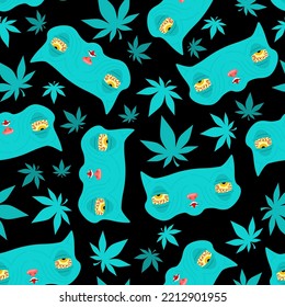 Stoned Rasta Cat Pattern Seamless. Trippy Pet. Background Cat Addict With Red Eyes Texture.