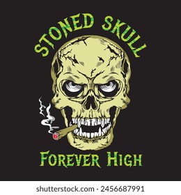 Stoned Skull face smoking joint vector illustration in hand drawn style