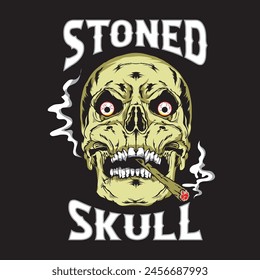 Stoned Skull face smoking joint vector illustration in hand drawn style