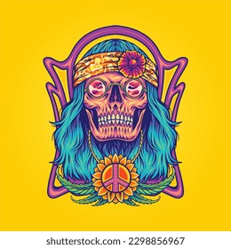 Stoned skull hippie with peace sign pendant illustration vector for your work logo, merchandise t-shirt, stickers and label designs, poster, greeting cards advertising business company or brands