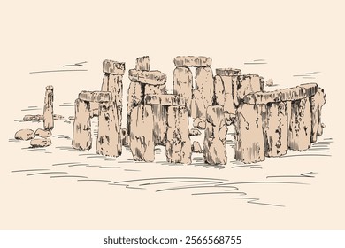 Stonehenge. Ancient architectural structure made of stones. Quick hand sketch on beige background.