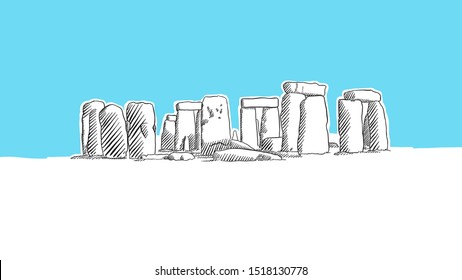 Stonehenge England Lineart Vector Sketch. and Drawn Illustration on blue background.