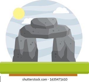 Stonehenge. English landmark. Structure is made of old stones. Religious megalith of primitive man. Historical place, block and boulders. Green grass and summer pagan temple.  Flat cartoon