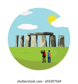 Stonehenge icon isolated on white background. Vector illustration for prehistoric religious landmark architecture. Ancient monument rock. Heritage England UK tourism. Colorful Stonehenge circle logo