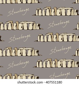 Stonehenge illustration pattern, seamless doodle background with landmark drawing