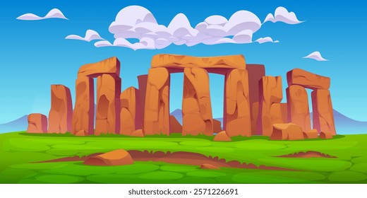 Stonehenge landscape, ancient travel landmark, mysterious dolmen in England. Cartoon vector iconic stone formations under clear blue sky with scattered clouds, capturing the essence wonder and mystery