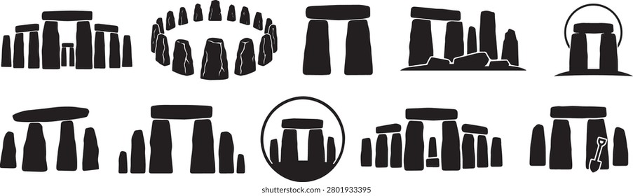 Stonehenge Monolithic Vector Bundle - United Kingdom Ancient Stone Circle Silhouette Pack - Historic Neolithic Landmark Architecture Clip Art

Expand your travel and heritage asset library with this premium commercial vector toolkit highlighting famous ancient architecture. This high contrast flat graphic collection contains multiple clean solid black silhouette variations of the historic Stonehenge stone circle arrangements from the United Kingdom. The pack features individual trilithon structures, complete circular layout views, ruined prehistoric monolith setups, and aligned neolithic pillars. Fully optimized for high resolution application across historic tourism travel guides, textbook educational vector designs, archeological website banners, and museum souvenir print on demand products.