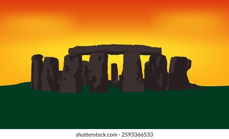 Stonehenge on the green fields at sunset