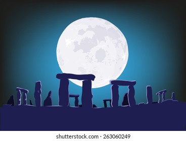 Stonehenge on midsummer solstice and appearance of Supermoon in the center.