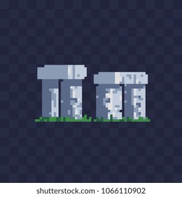 Stonehenge pixel art icon ancient monument rock, England UK tourism landmark architecture isolated vector illustration. Design logo, mobile app, sticker, embroidery. Game assets 8-bit sprite. 