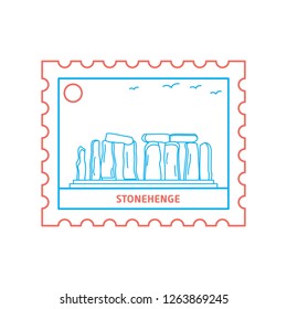 STONEHENGE postage stamp Blue and red Line Style, vector illustration